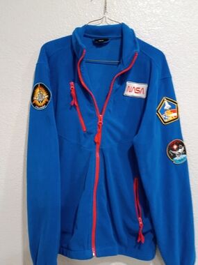 Chemistry  NASA Mens Blue Jacket with Red Zippers and Space Patches Casual Wear